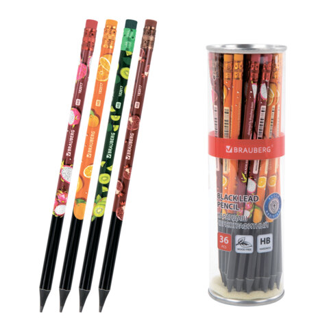 Карандаш чернографитный с принтом BRAUBERG "JUICY FRUIT", 1 шт., HB, с ластиком, корпус ассорти, 182017