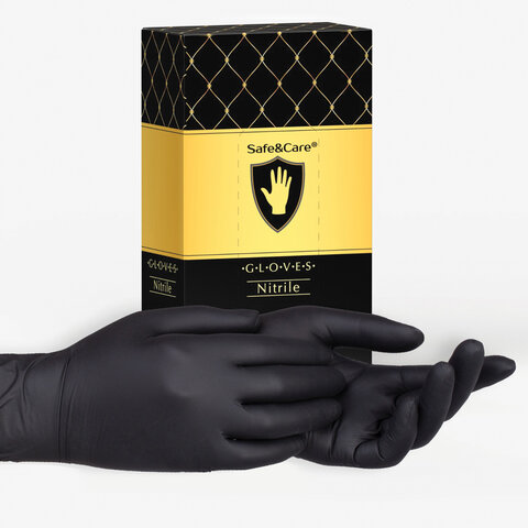 Перчатки нитриловые одноразовые 50 пар (100 штук), размер S (малый), черные, SAFE&CARE, ZN318