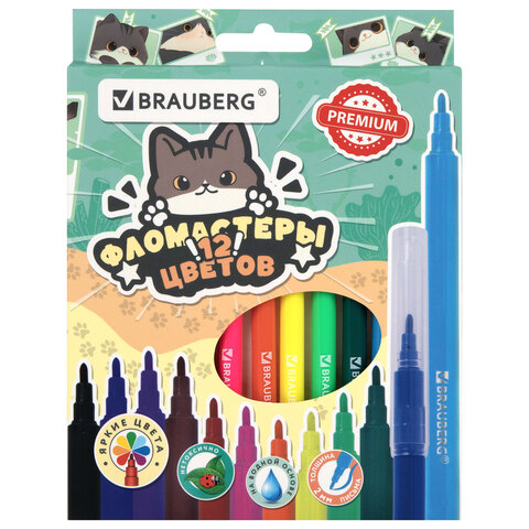Фломастеры кросс-серия МИЛЫЕ КОТЫ, 12 цветов, вентилируемый колпачок, картонная коробка с европодвесом, BRAUBERG, 152620