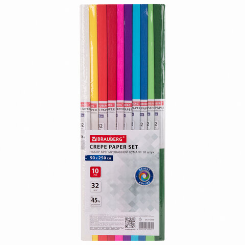 Бумага гофрированная/креповая, 32 г/м2, 50х250 см, НАБОР 10 рулонов, яркие цвета, BRAUBERG, 112556