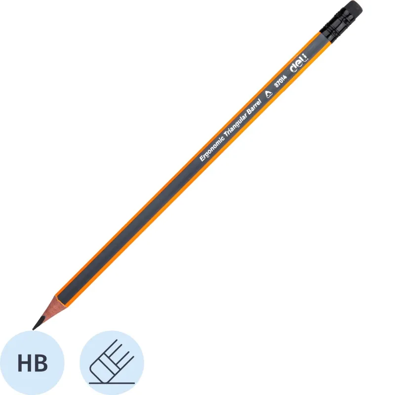 Карандаш чернографитный Deli HB 3-гранный, с ластиком, ,оранж/серый E37014
