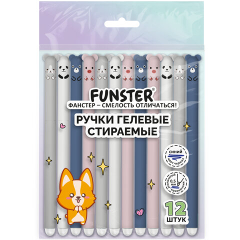 Ручки гелевые стираемые FUNSTER "CUTE ANIMALS", СИНИЕ, НАБОР 12 ШТ., корпус soft-touch, игольчатый узел 0,5 мм, линия письма 0,35 мм, 144435