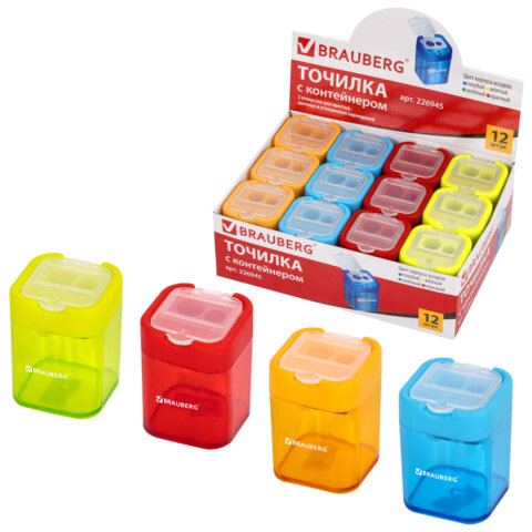 Точилка BRAUBERG "Peak", 2 отверстия для чернографитных карандашей (в том числе утолщенных), с контейнером, пластиковая, ассорти, 226945