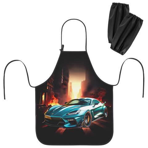 Фартук с нарукавниками для уроков труда ЮНЛАНДИЯ, регулировка по росту, 46х54 см, "Fire car", 273768