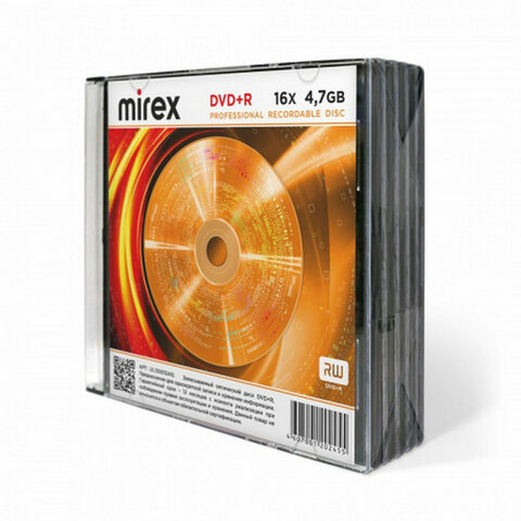 Диск DVD+R (плюс) MIREX, 4,7 ГБ, 16x, Slim Case, КОМПЛЕКТ 5 шт., UL130013A1F