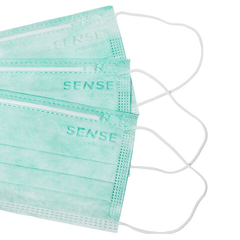 Маски медицинские SENSE одноразовые КОМПЛЕКТ 50 штук короб, 3-х слойные, мельтблаун, мятная