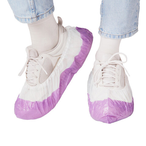 Бахилы двойные КОМПЛЕКТ 100шт (50пар) ЭКСТРА, 39х14см, 32мкм, 3г, бело-фиолетовые, EL, ПНД-8/8/1р-Б-Ф