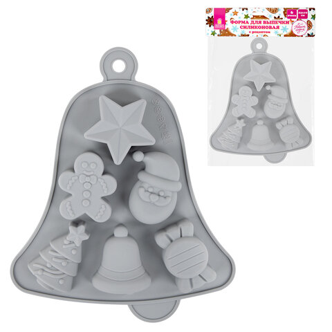 Форма для выпечки новогодняя 23х19 см, "Колокольчик", силикон, 6 ячеек, рецепт, ЗОЛОТАЯ СКАЗКА, 592469