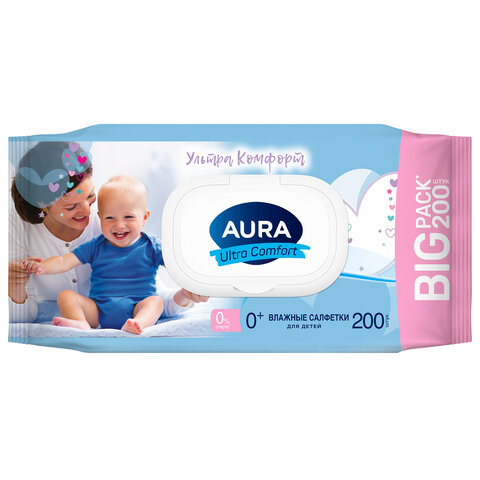 Салфетки влажные детские 200 шт., AURA Ultra Comfort, без спирта, 0+, с пластиковым клапаном, 8839