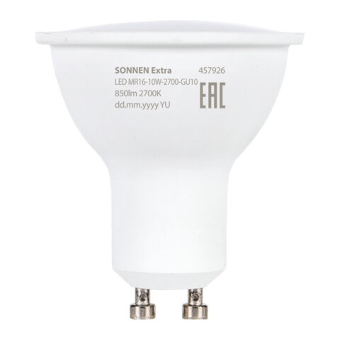 Лампа светодиодная SONNEN EXTRA, 10 (90) Вт, GU10, теплый белый, 30000 ч, LED MR16-GU10-10W-2700, 457926