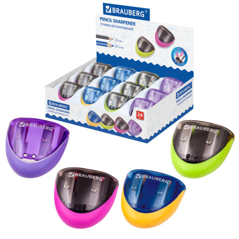 Точилка BRAUBERG "Space", 2 отверстия для чернографитных карандашей (в том числе утолщенных), резиновый упор, с контейнером, ассорти, 223589