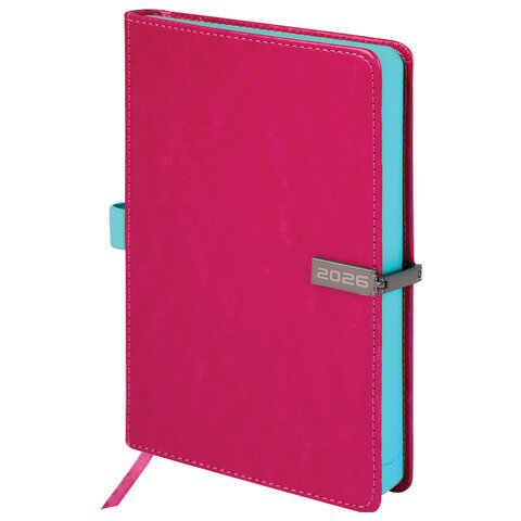Ежедневник датированный 2026 А5 138x213 мм, BRAUBERG "Inspiration", под кожу, цветной срез, розовый, 117478