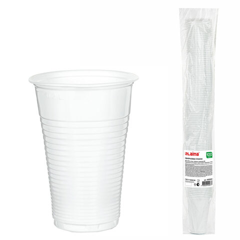 Стакан одноразовый, пластиковый 200 мл, КОМПЛЕКТ 100 шт., БЮДЖЕТ, белые, ПП, холодное/горячее, LAIMA, 600934