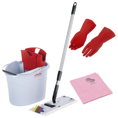 Швабра с отжимом и ведром 10л+черенок КОМПЛЕКТ, салфетки, перчатки, СпидМини VILEDA, красный, 143567