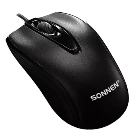 Мышь проводная БЕСШУМНАЯ USB, 1200 dpi, 2 кнопки + колесо-кнопка, SONNEN K520, черная, 513944