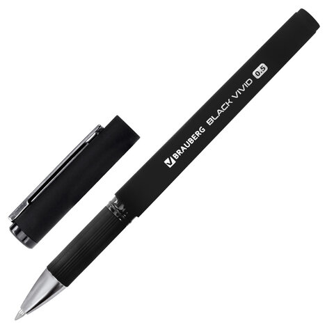 Ручка гелевая с грипом BRAUBERG "BLACK VIVID", ЧЕРНАЯ, корпус SOFT-TOUCH, пишущий узел 0,5 мм, линия письма 0,35 мм, 144541