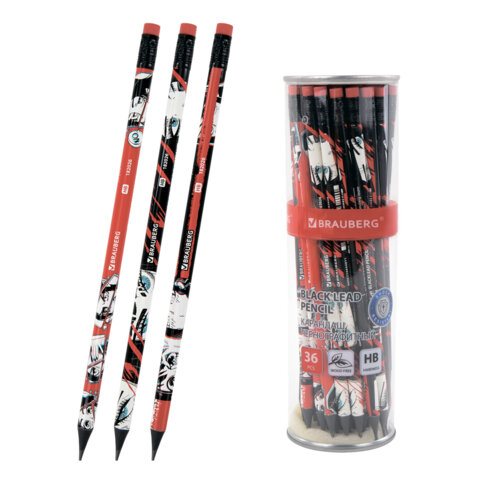 Карандаш чернографитный с принтом BRAUBERG "RED ANIME", 1 шт., HB, с ластиком, корпус ассорти, 182026