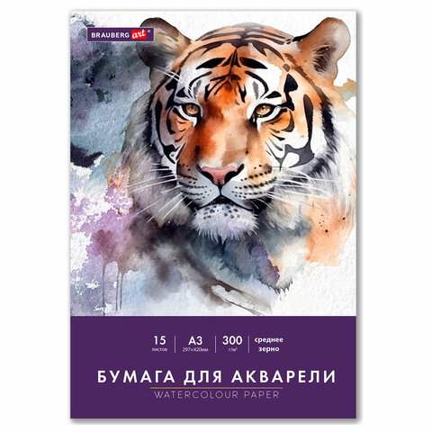 Бумага для акварели БОЛЬШАЯ А3 в папке, 15 листов, 300 г/м2, среднее зерно, BRAUBERG ART CLASSIC, 116354