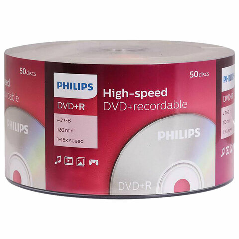 Диск DVD+R (плюс) PHILIPS, 4,7 Гб, 16x, Bulk (термоусадка без шпиля), КОМПЛЕКТ 50 шт., DR4S6U50F/97
