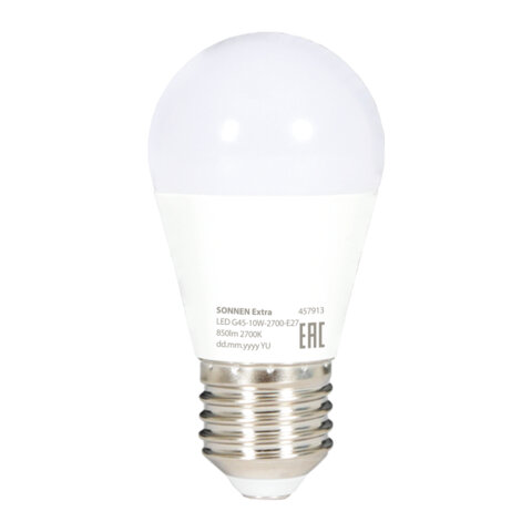 Лампа светодиодная SONNEN EXTRA, 10 (85) Вт, E27, шар, теплый белый, 30000 ч, LED G45-10W-2700-Е27, 457913