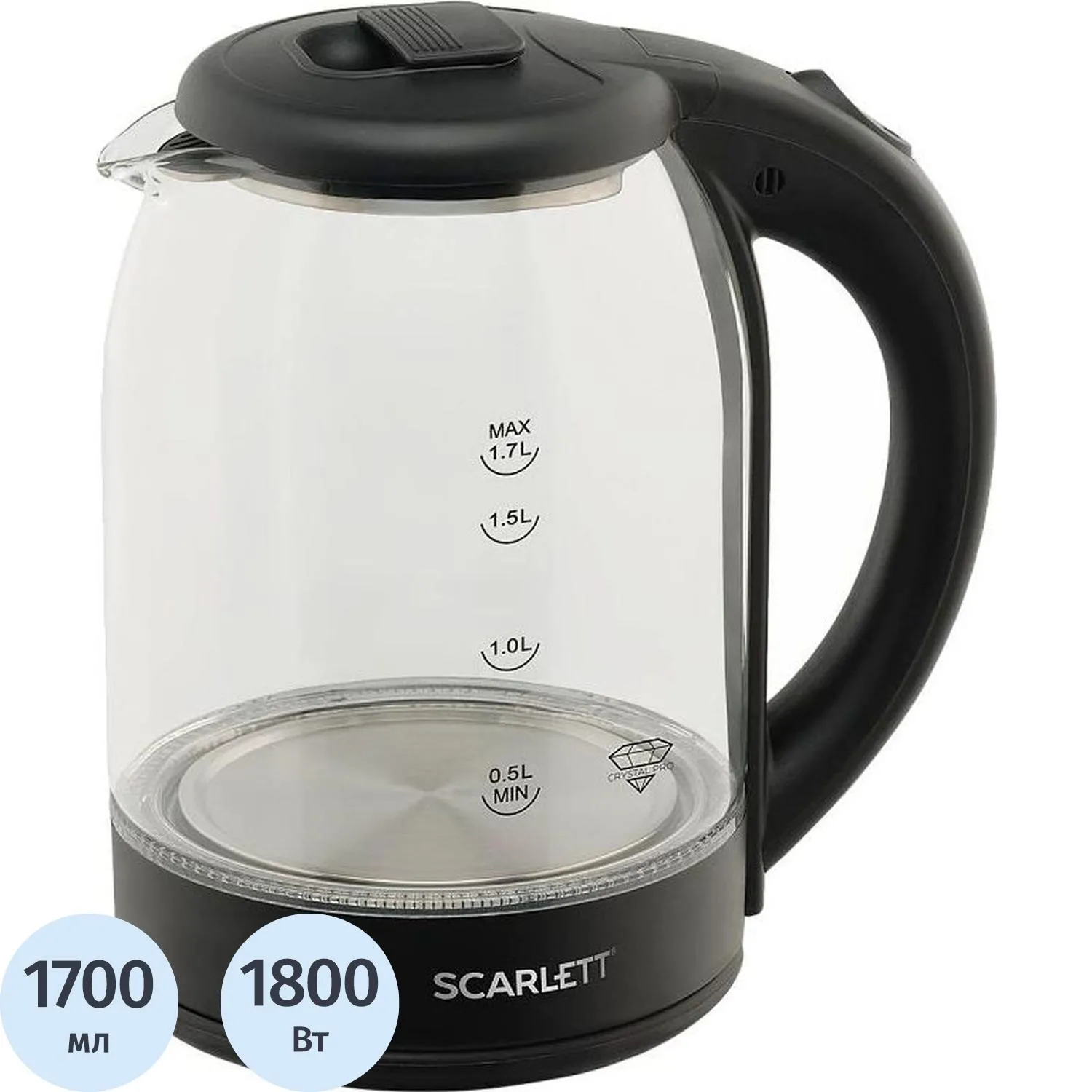 Чайник электрический SCARLETT SC-EK27G90, стекло, 1800Вт, 1.7л, черный, 1494116К