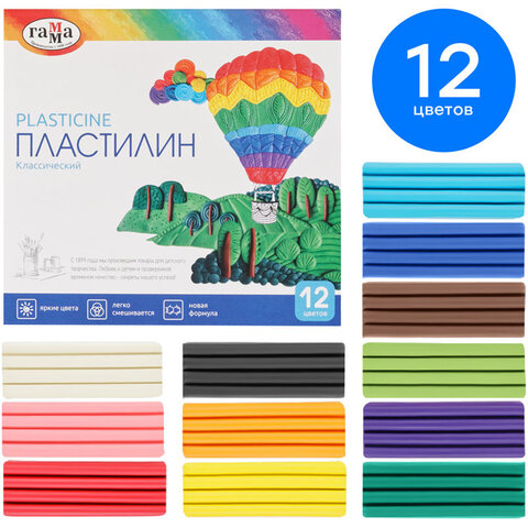 Пластилин классический ГАММА "Классический", 12 цветов, 240 г, со стеком, картонная упаковка, 281033