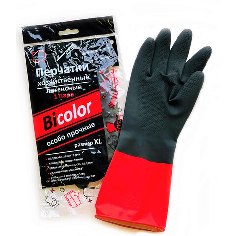 Перчатки МНОГОРАЗОВЫЕ латексные BiColor черно-красные, хлопчатобумажное напыление, размер 9-10, XL (очень большой), вес 70 г, КП, 139469