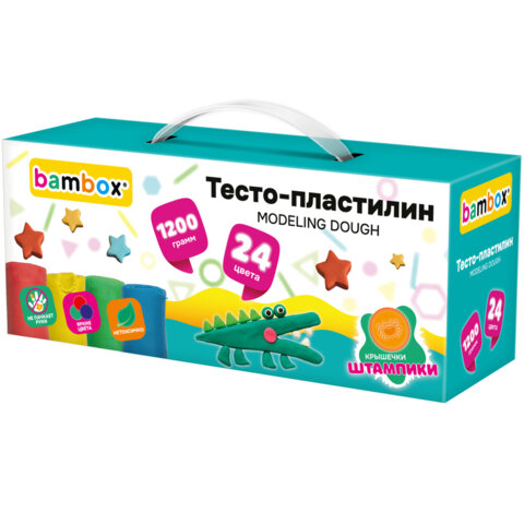 Тесто-пластилин для лепки СУПЕР ПЛАСТИЧНОЕ, 24 цвета, 1200 г, крышки-штампики, BAMBOX (БАМБОКС), 107249