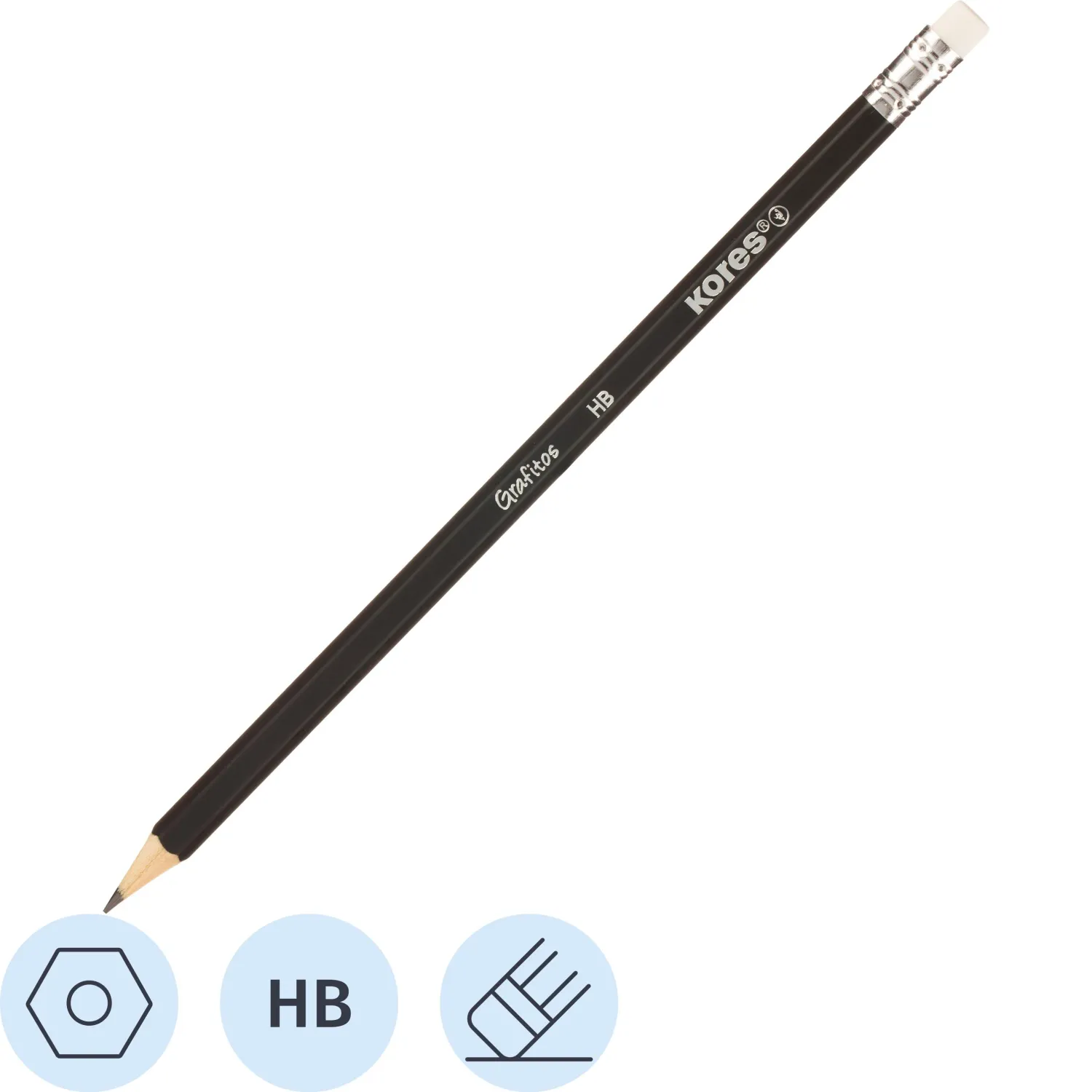 Карандаш чернографитный Kores шестигранный HB с ластиком, 128910К