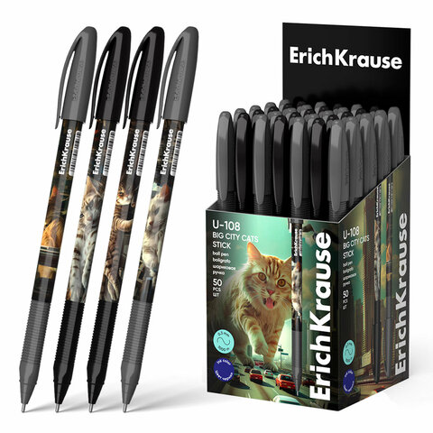 Ручка шариковая масляная ERICH KRAUSE U-108 "Stick Big City Cats", СИНЯЯ, узел 1 мм, линия 0,5 мм, 63103