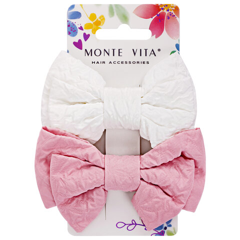 Заколки для волос НАБОР 2 шт., 10х6,5 см, зажим, с бантиком, розовый, белый, MONTE VITA (МОНТЕ ВИТА), 457110
