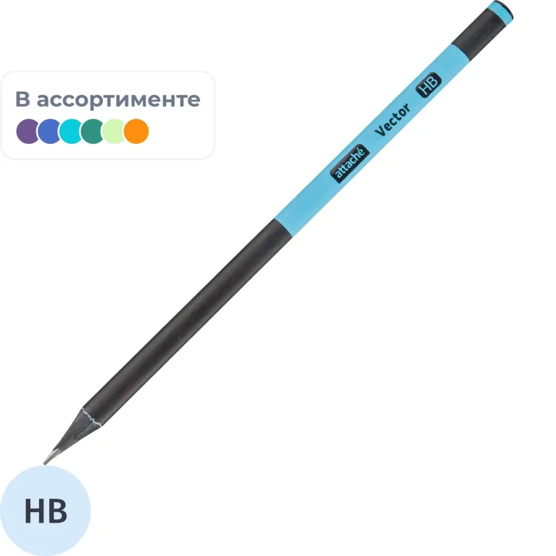 Карандаш чернографитный Attache Vector HB б/ласт трехгр черн. дерев в асс