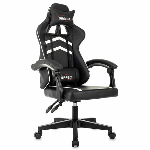 Кресло компьютерное BRABIX "Shooter GM-123", 2 подушки, экокожа, черное/белое, 533191