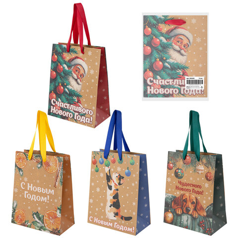 Пакет подарочный (1 шт.) новогодний, 18х10х23 см, "Зимнее волшебство", крафт, ассорти, ЗОЛОТАЯ СКАЗКА, 592435