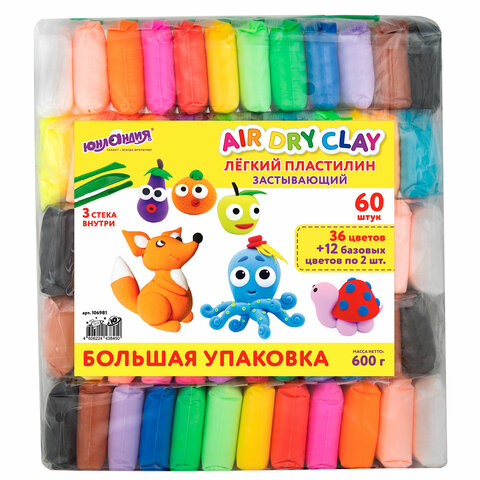 Пластилин супер лёгкий воздушный застывающий 60 штук (36 цветов + 12х2 базовых), 600 г, 3 стека, ЮНЛАНДИЯ, 106981