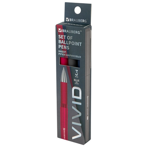 Ручки шариковые с грипом BRAUBERG "VIVID", НАБОР 3 ШТУКИ, СИНИЕ, SOFT TOUCH покрытие, узел 0,7 мм, линия письма 0,35 мм, 144401