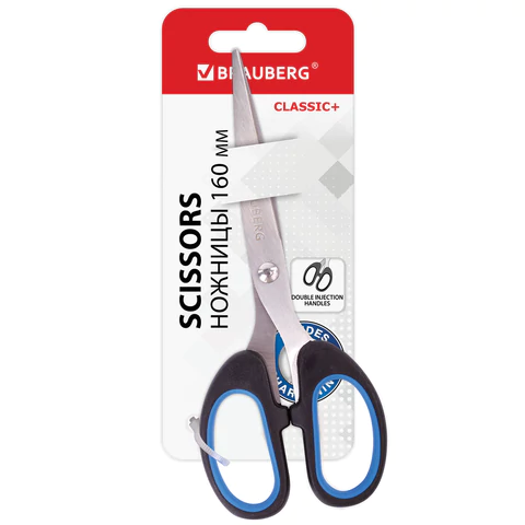 Ножницы BRAUBERG "Classic+", 160 мм, черно-синие, классической формы, резиновые вставки, 236447