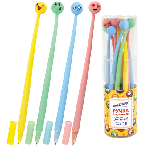 Ручка фигурная шариковая ЮНЛАНДИЯ "Смайлик", силиконовый корпус, ассорти, СИНЯЯ, пишущий узел 0,7 мм, 143793