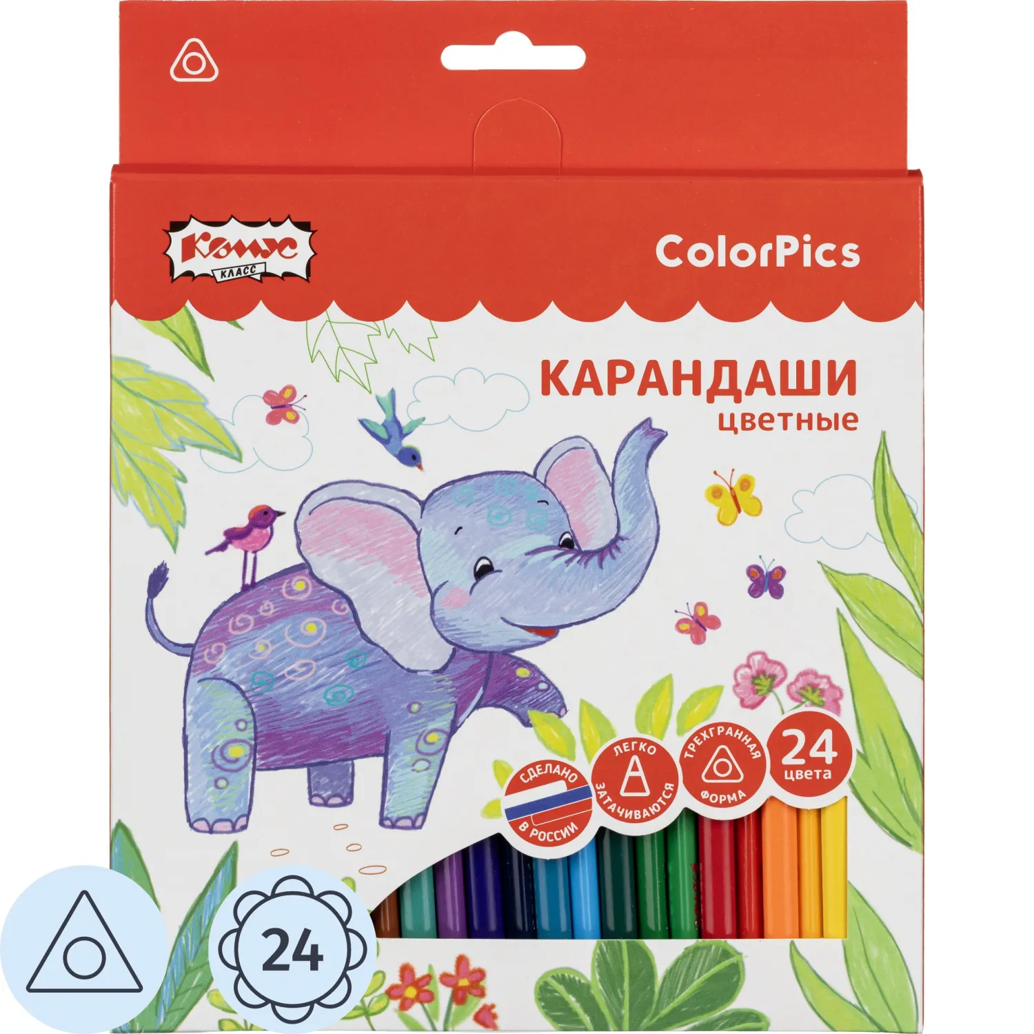 Карандаши цветные 24 цвета Комус Класс ColorPics, трехгранные, 1781684К