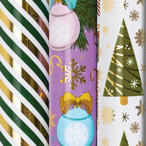 Бумага упаковочная новогодняя НАБОР 3 шт. "NY Pattern", С ЭФФЕКТАМИ, 70х100 см, ЗОЛОТАЯ СКАЗКА, 592187