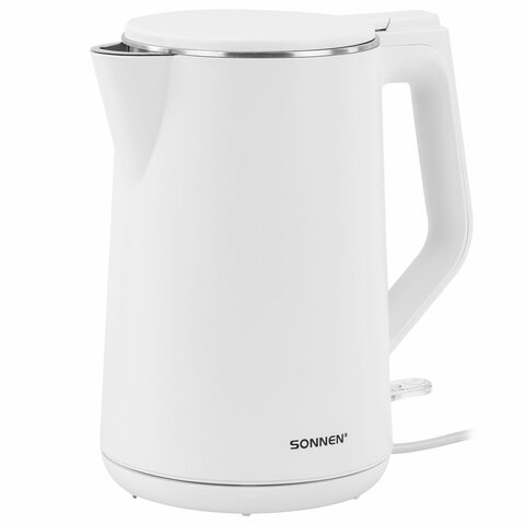 Чайник электрический с двойными стенками SONNEN KT-4103, 1,5 л, 2200 Вт, белый, 456376