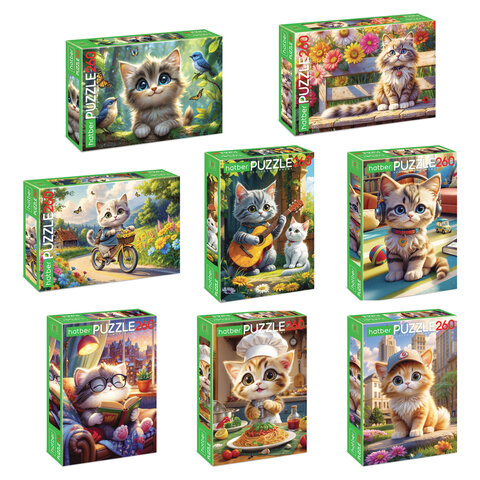 Пазл картонный "КОШАЧЬИ ЗАБАВЫ" 260 элементов АССОРТИ, 220х330 мм, HATBER