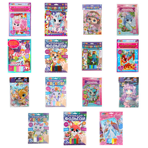 Аппликация АССОРТИ 15 видов, 17х23 см, перья, эва, фольга, мозаика, на картоне, МУЛЬТИ АРТ, 5933