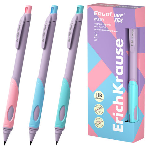 Карандаш механический 2 мм ERICH KRAUSE "ErgoLine Kids Pastel", HB, с точилкой, ассорти, 63833