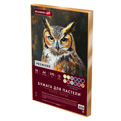 Бумага для пастели ФАКТУРНАЯ А4 в коробке, 36 листов 12 цветов, 270 г/м2, BRAUBERG AR, 117759